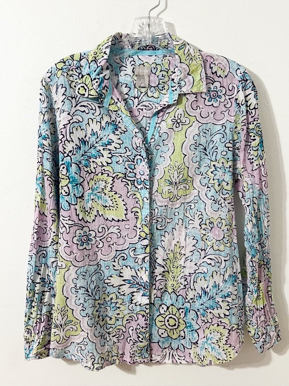 Chico’s Boho Floral Peasant Blouse Rose Pink Paisley Scoop Neck Button Front Top